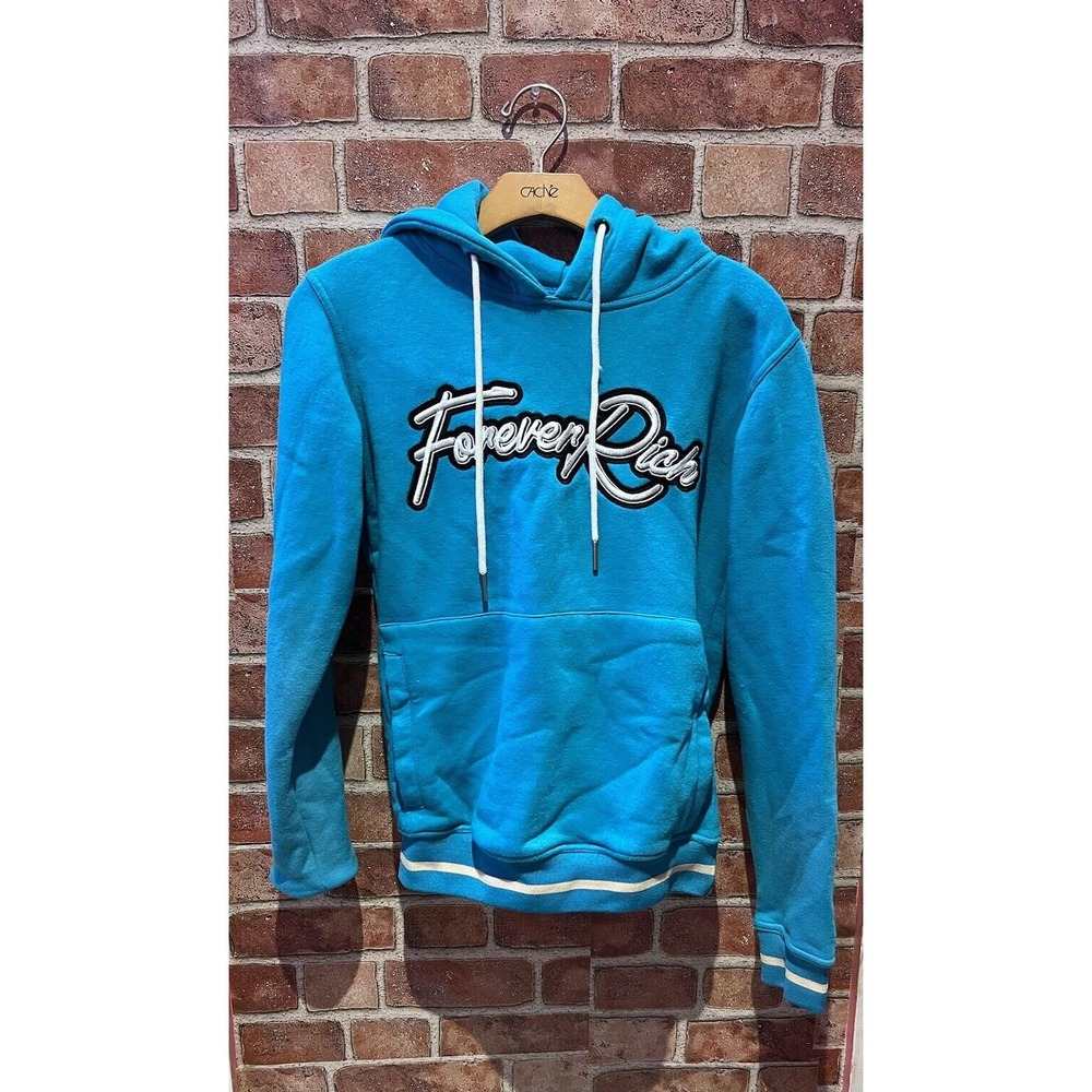 Forever Rich Solid Blue Long Cuffed Sleeves Graphic Drawstring Hoodie‎ Size XS